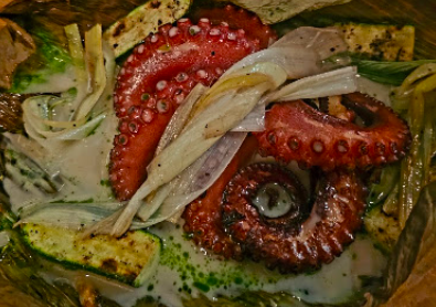 Fonda Lo Que Hay signature dishes Backyard Hen Lasagna
Half Grilled Octopus
Pregnant Corn Bollo